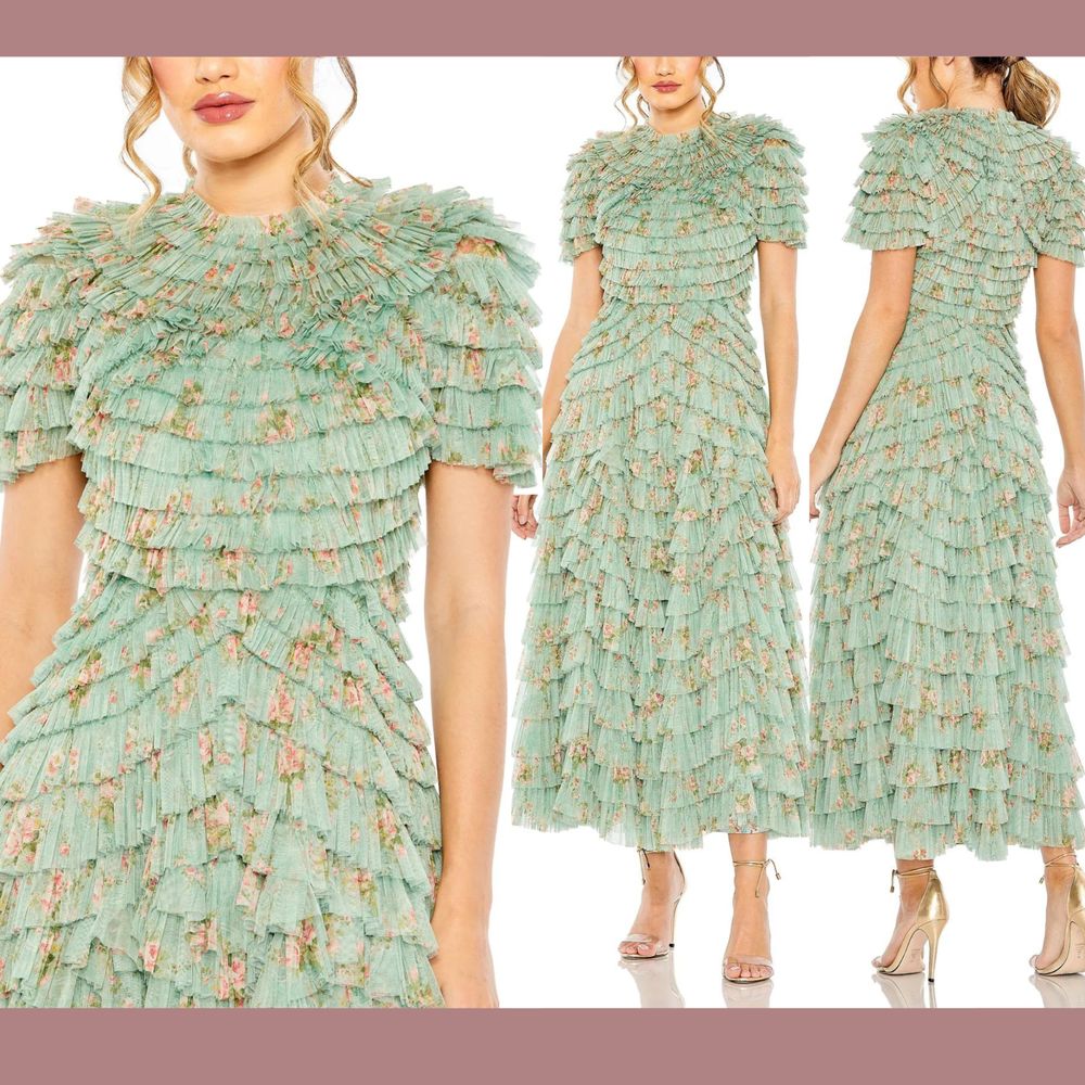 Nwt $798 Mac Duggal [ 8 ] Ruffle Tiered Short Sleeve A Lien Dress Sage #G1532